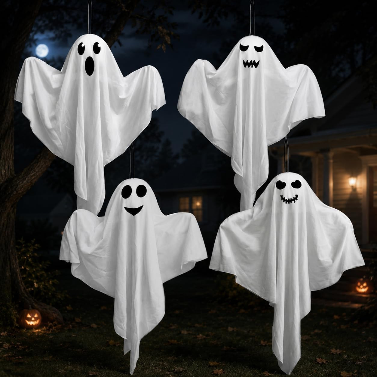 Kiddokids 4 Pack Halloween Hanging Ghost Decorations, 27.5'' Poseable White Ghosts with Bendable Arms for Front Porch, Yard Tree, Indoor Party and Haunted House Decor, Outdoor Entry Door Doorframe | Amazon (US)