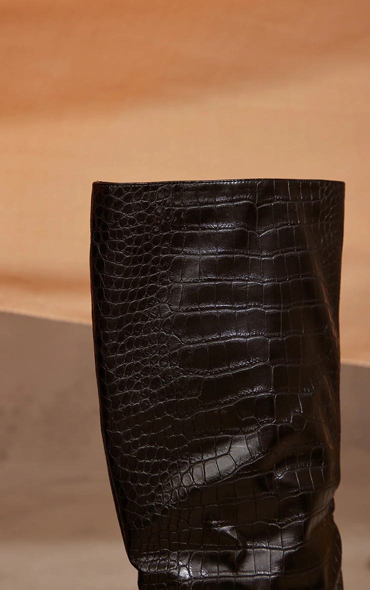 Black PU Croc Detail Point Toe Stiletto Heeled Knee Boots | PrettyLittleThing US