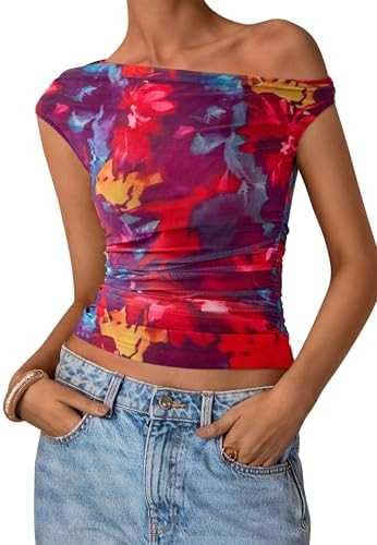 PRETTYGARDEN Women's Off Shoulder Tops 2026 Summer Going Out Crop Tank Tops Asymmetrical Floral M... | Amazon (US)