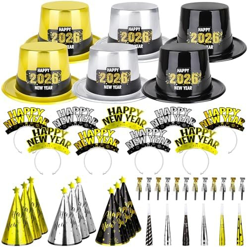 48PCS New Year's Eve Party Supplies for 24 Guests - Happy New Year Headband, Gold Black Party Fav... | Amazon (US)