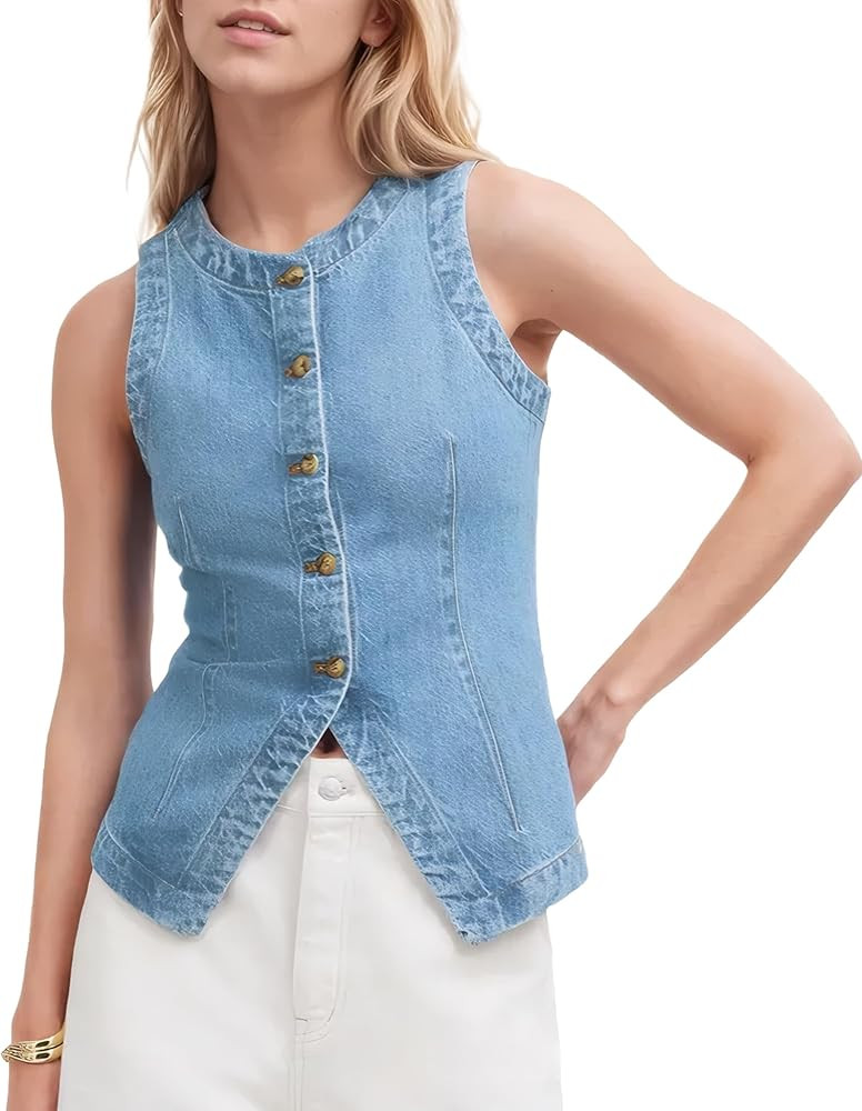 D-Sun Women Denim Vest Sleeveless Crewneck Button Down Jean Waistcoat Casual Front Slit Slim Deni... | Amazon (US)
