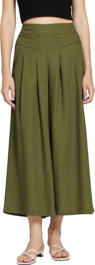 Gihuo Women' s Culottes Linen Blend Wide Leg Pants Elastic Waist Casual Palazzo Trousers with Poc... | Amazon (US)
