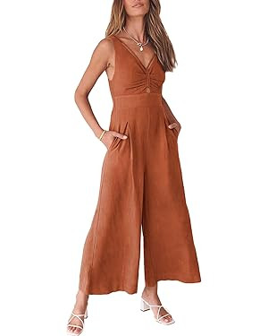 ANRABESS Women's Summer Wide Leg Linen Jumpsuits Dressy V Neck Sleeveless Casual Pants Rompers 20... | Amazon (US)