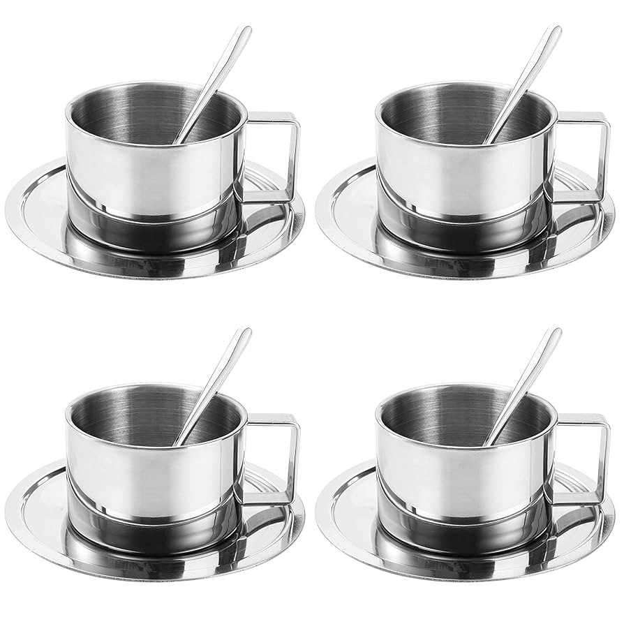 ZENFUN 4 Pack 6.8 oz Coffee Cups Set, 18/8 Stainless Steel Espresso Cup with Saucer and Spoon, Cu... | Amazon (US)