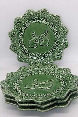 Bordallo Pinheiro Bunny Rabbit Salad Plates Green Majolica 8” Set of 4 Portugal  | eBay | eBay US