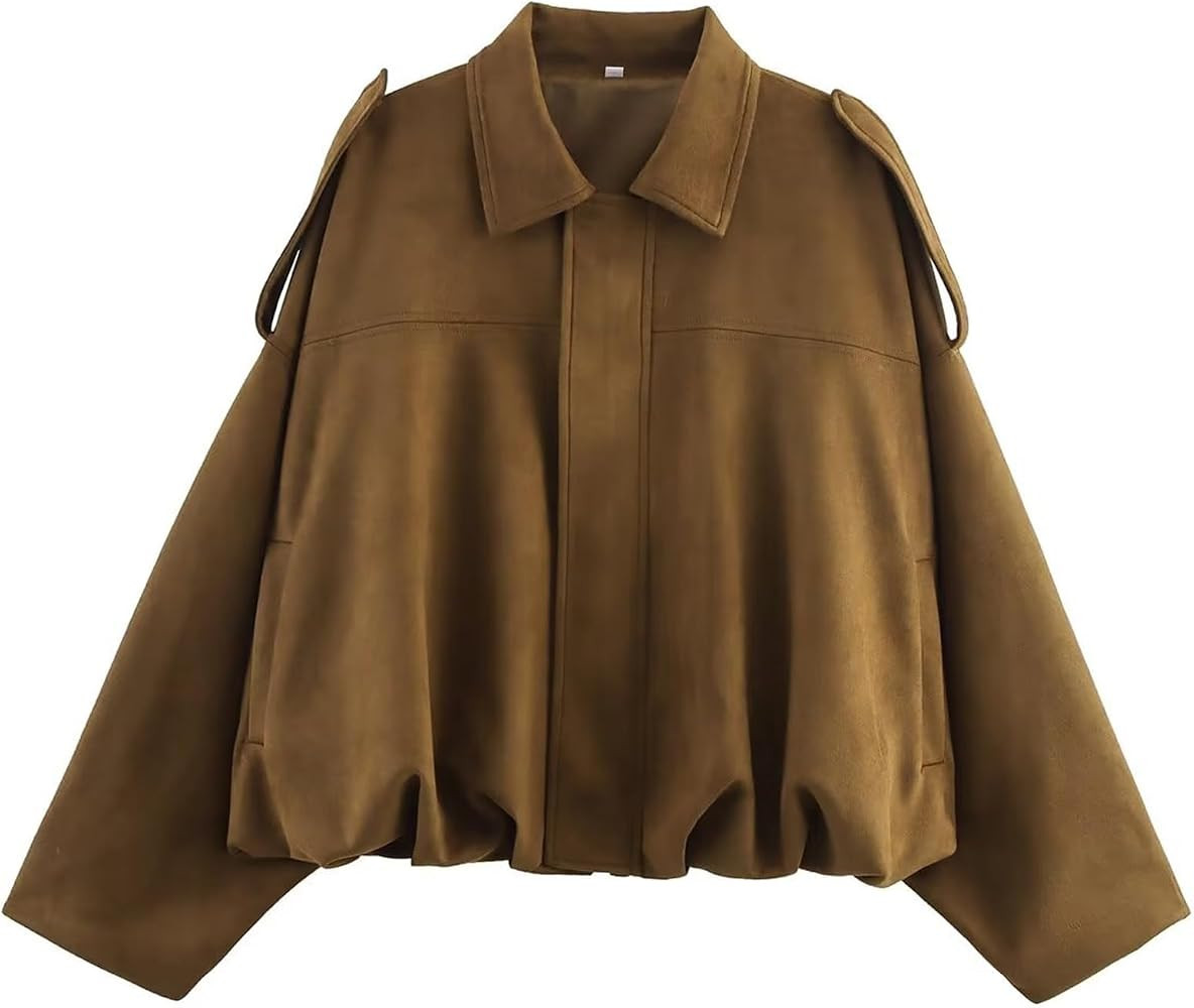Womens Faux Suede Bomber Jacket Oversized Coat with Pockets | Amazon (US)