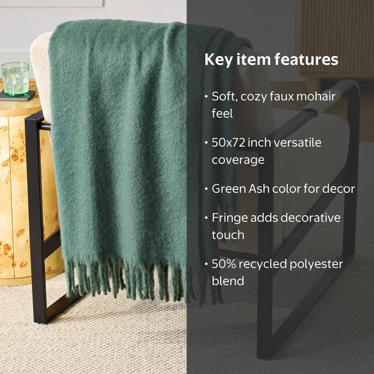 Better Homes & Gardens Faux Mohair Throw Blanket, Green Ash, 50 in x 72 in | Walmart (US)