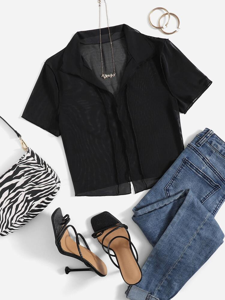 SHEIN Lettuce Trim Solid Mesh Top | SHEIN