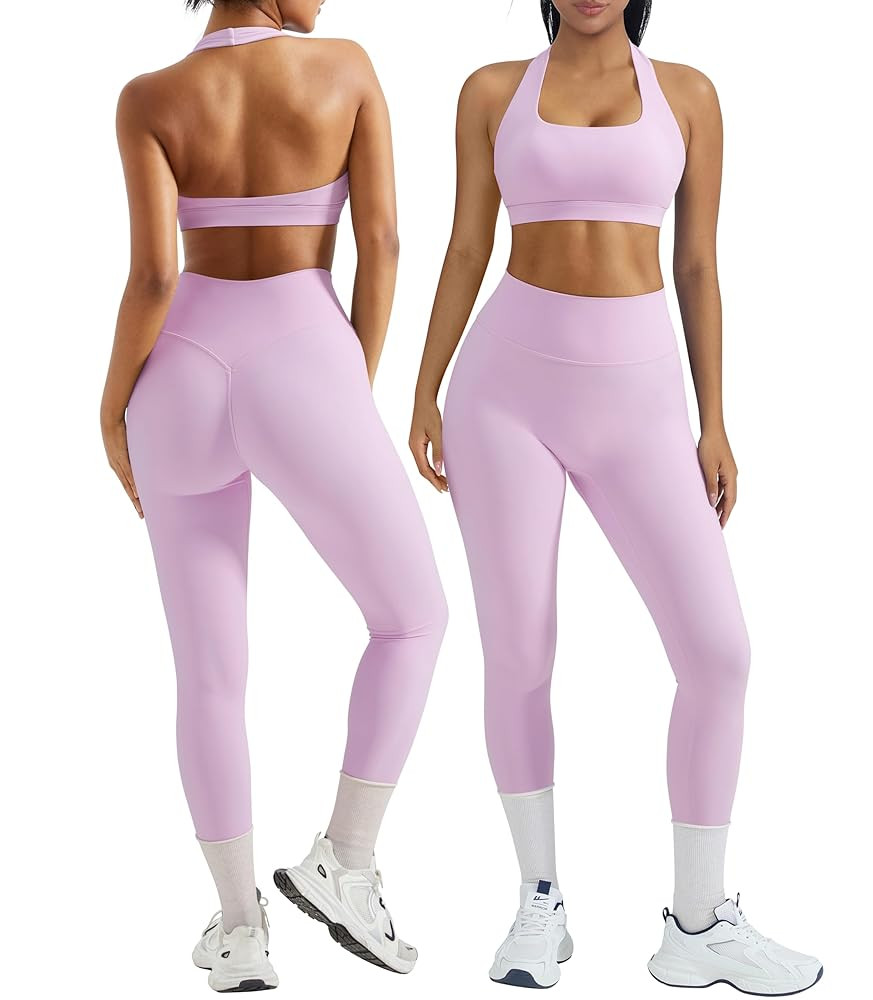 OMKAGI 2 Piece Workout Sets for Women Halter Sports Bras Gym Sets Booty Leggings Outfits | Amazon (US)