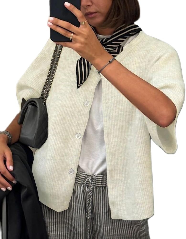 KMBANGI Women Knitted Cropped Blouse Short Sleeve Button Knit Shirt Crop Cardigan Y2k Open Front ... | Amazon (US)