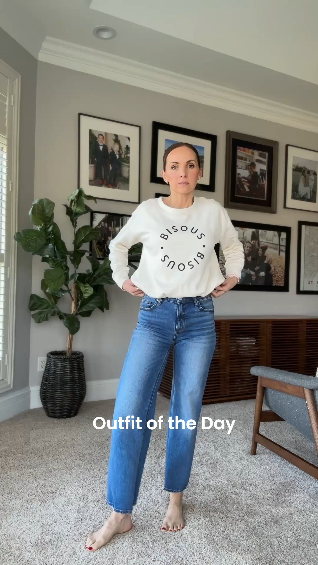 What I’m wearing today. This sweatshirt is 40% off and so cute! I’m wearing a size XS.