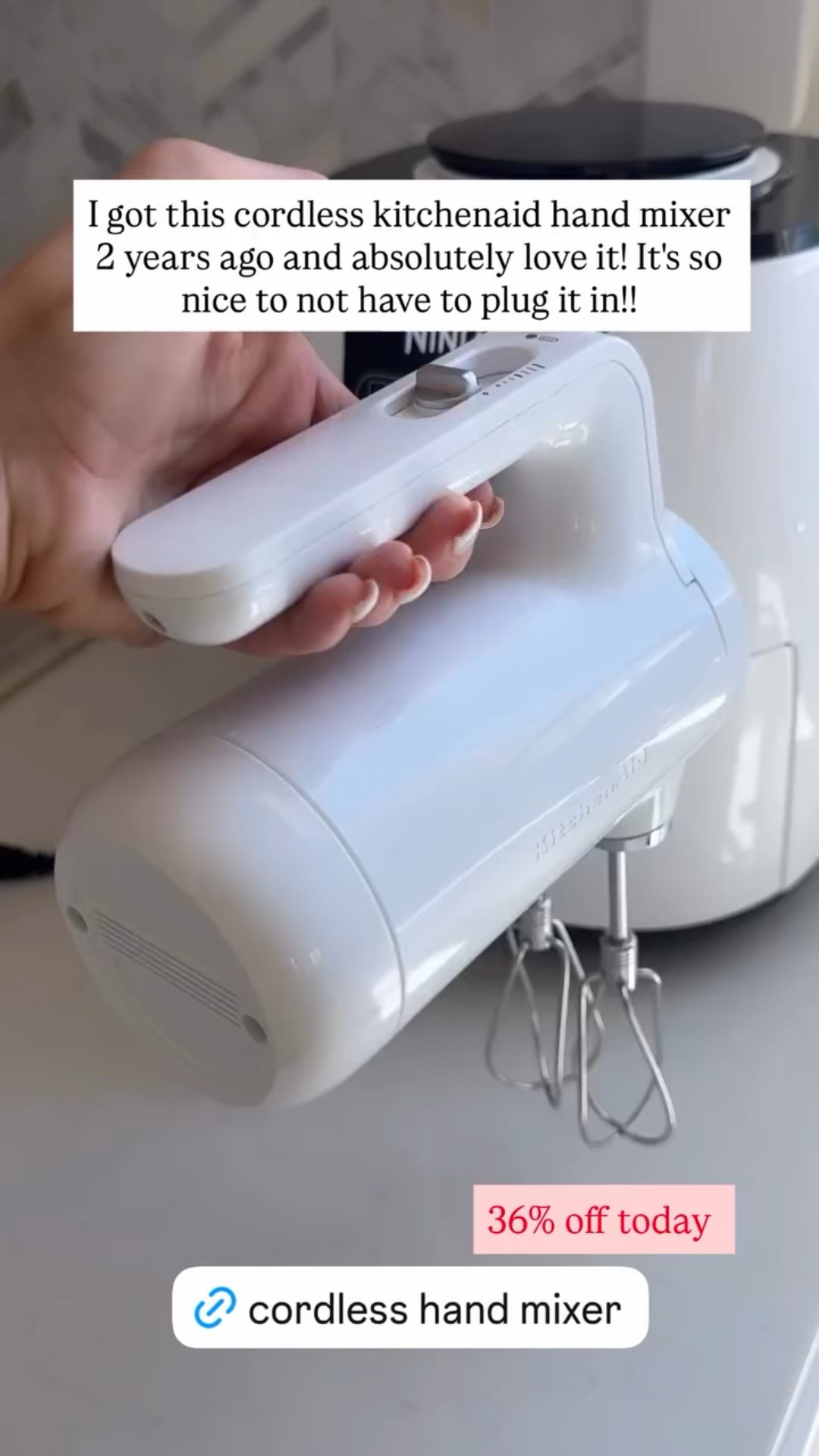I got this cordless kitchenaid hand mixer 2 years ago and absolutely love it! It's so nice to not have to plug it in!! 36% off today