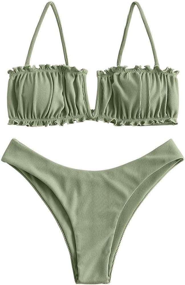 ZAFUL Womens 2 Pieces Bandeau Bikini Set Ruffle Lace up Padded Swimsuits | Amazon (US)