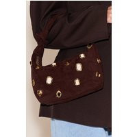 Chocolate Faux Suede Dome Stud Shoulder Bag, Chocolate | PrettyLittleThing UK