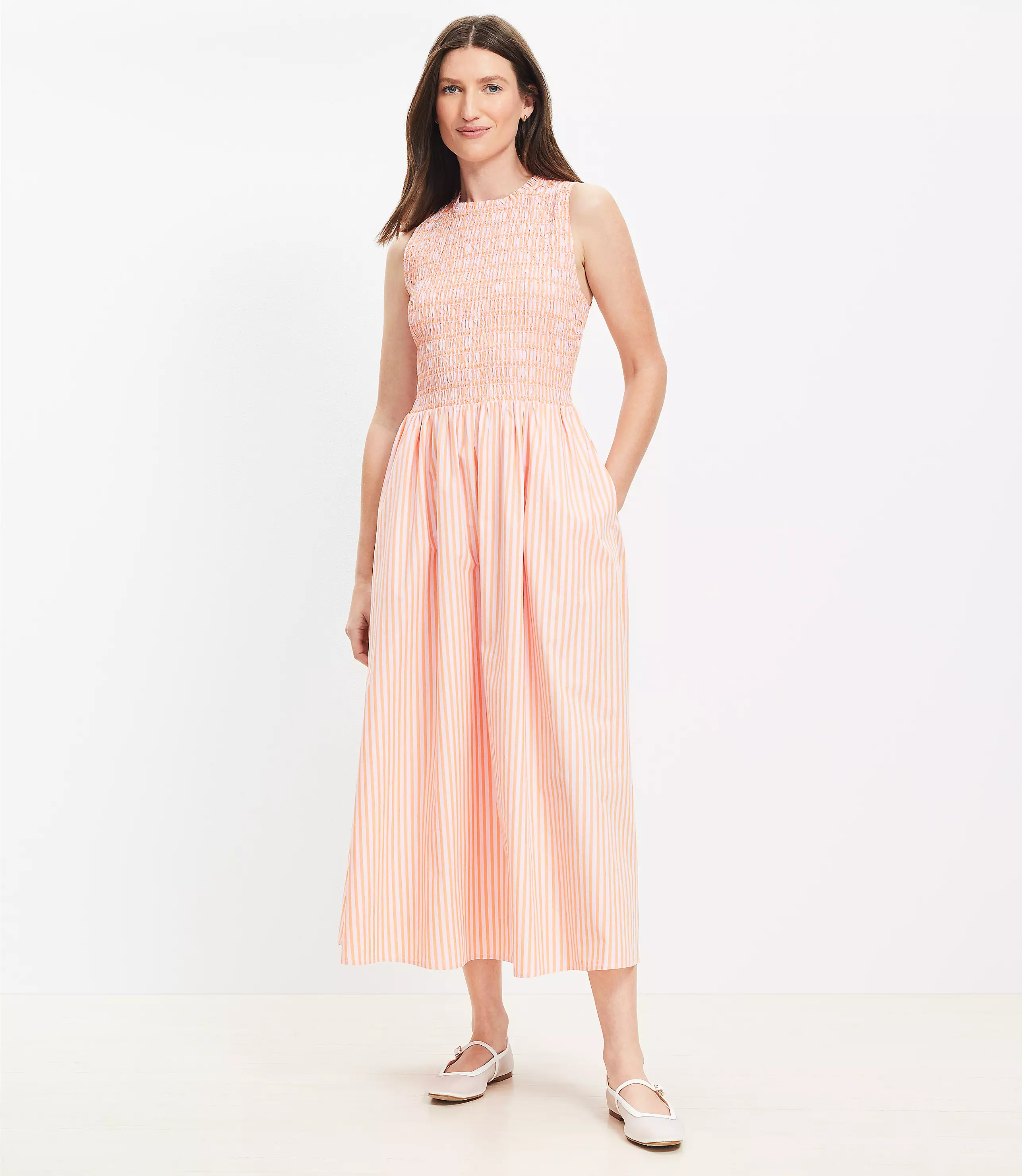 Striped Poplin Smocked Midi Pocket Dress | LOFT