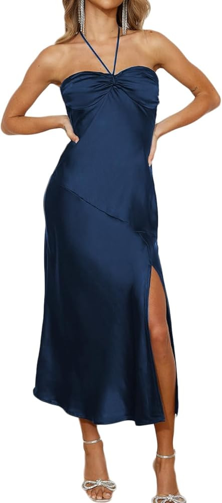 2024 Summer Satin Tube Tops Slit Wedding Guest Dress for Women Elegant Sexy Strapless Halter Neck... | Amazon (US)