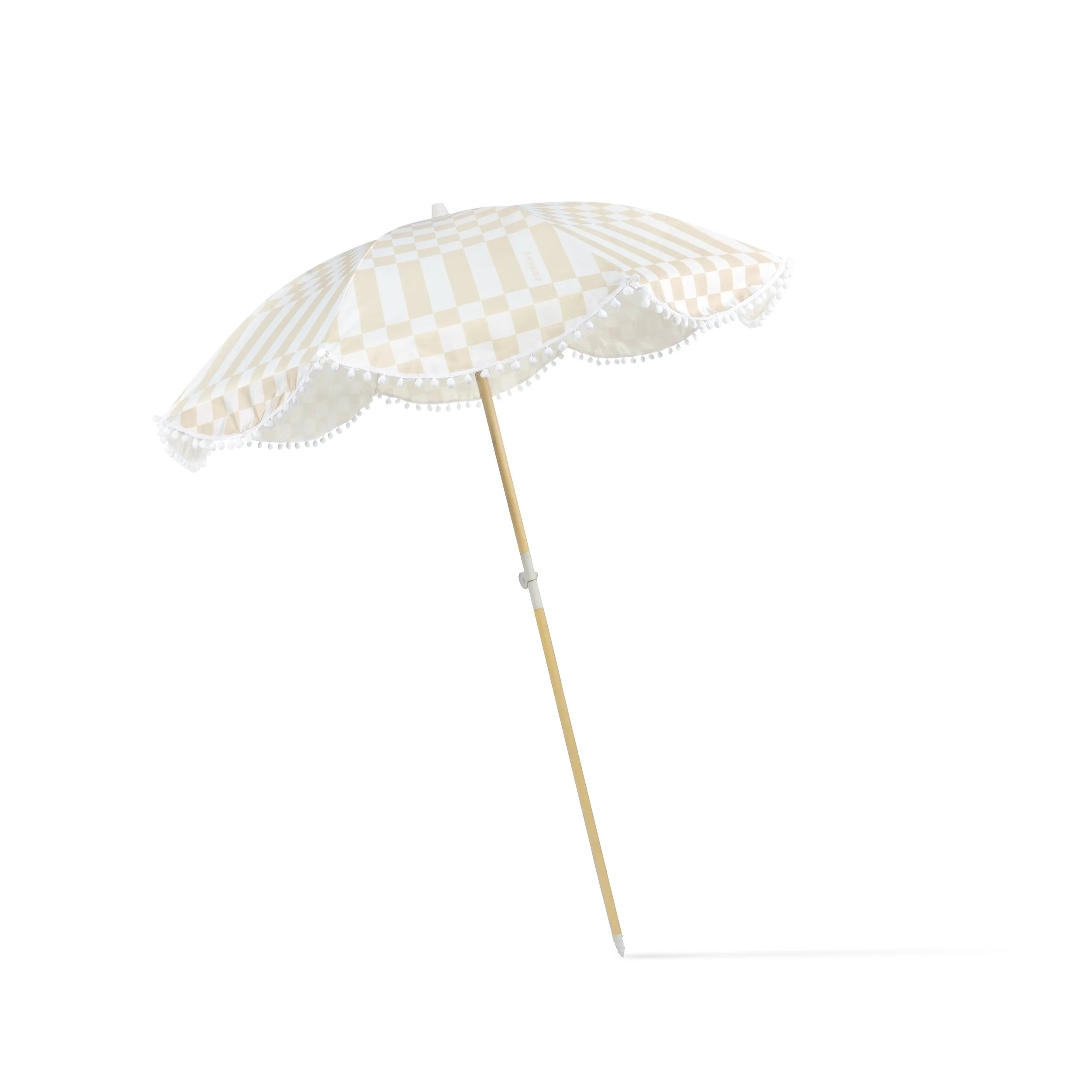 the CHECKER CABANA STRIPE Beach Umbrella in Sand | Minnidip