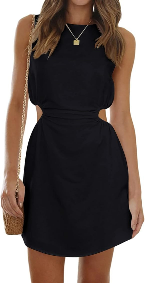 Dellytop Women Cut Out Short Dress Summer Sleeveless Crew Neck Hollow Waist Mini Cute Zipper Dresses | Amazon (US)