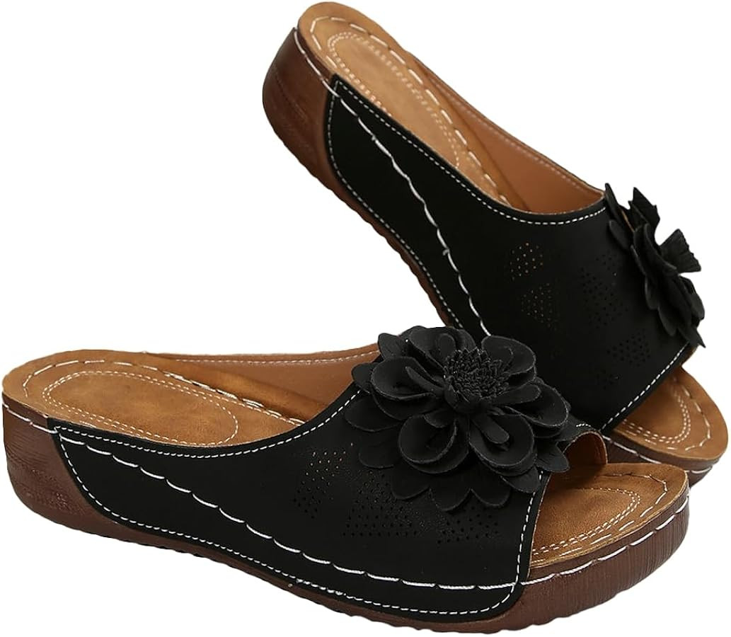 Womens Wedge Sandals 2025 Flower Summer Dressy Flat Open Toe Platform Shoes Casual Boho Slip on B... | Amazon (US)