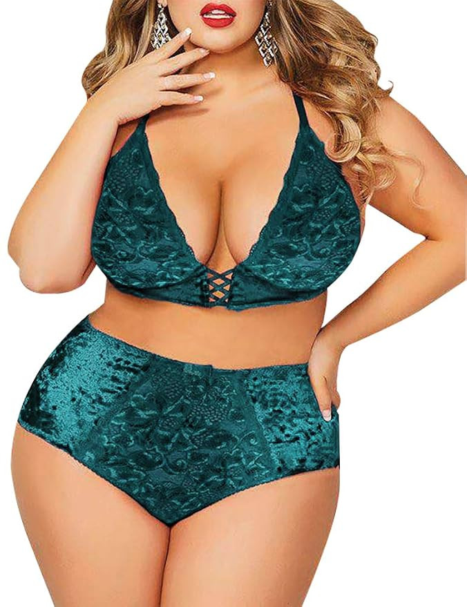 Plus Size Lingerie Set for Women, Sexy Crushed Velvet Mesh Lace Up Halter Bralette & High Waist P... | Amazon (US)