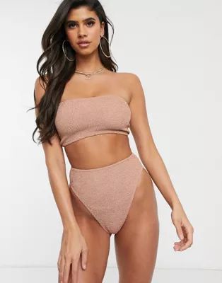 ASOS DESIGN mix and match crinkle bandeau bikini top in rose mink | ASOS (Global)