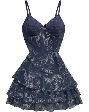 Floerns Women's Paisley Boho Dresses Lace Trim V Neck Layered Ruffle Concert Outfit Mini Dress | Amazon (US)