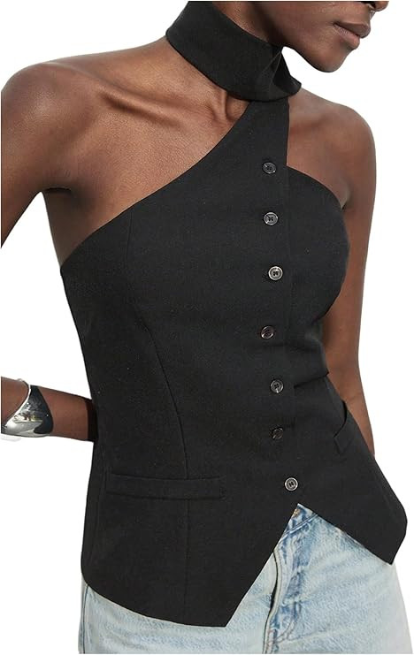 MakeMeChic Women's Halter Tops Work Button Down Vest Dressy Suit Sleeveless Tops with Scarf | Amazon (US)