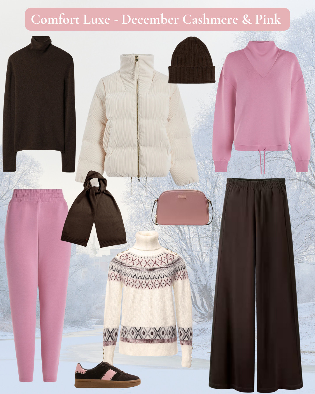 December elegance in pink, chocolate and cashmere. Quality knitwear, comfortable trousers that feel luxurious, cream layers that brighten winter days. This is elevated comfort for winter mornings and relaxed gatherings 

 #LTKwinter #LTKover50style #LTKstyletip