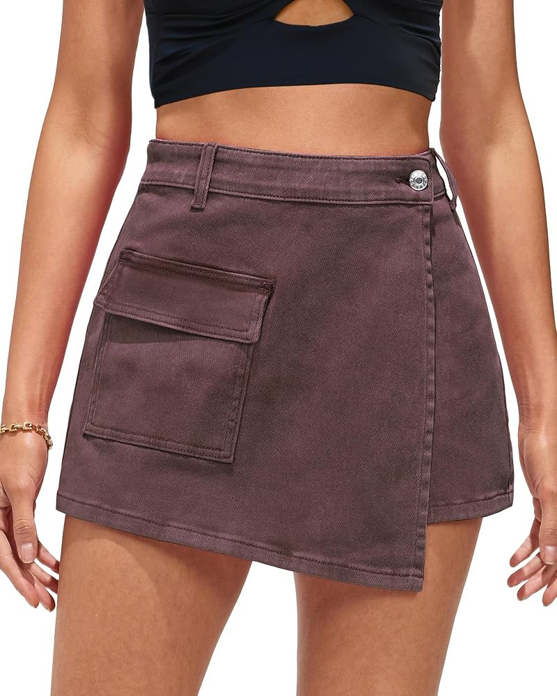 luvamia Denim Skorts for Woman Cargo Faux Wrap Jean Skort Skirts Stretchy High Waisted Skirt Shor... | Amazon (US)