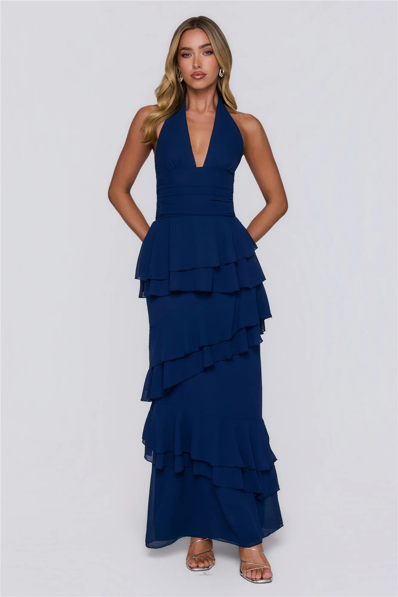 Power Glow Halter Maxi Dress Navy | Hello Molly (US)