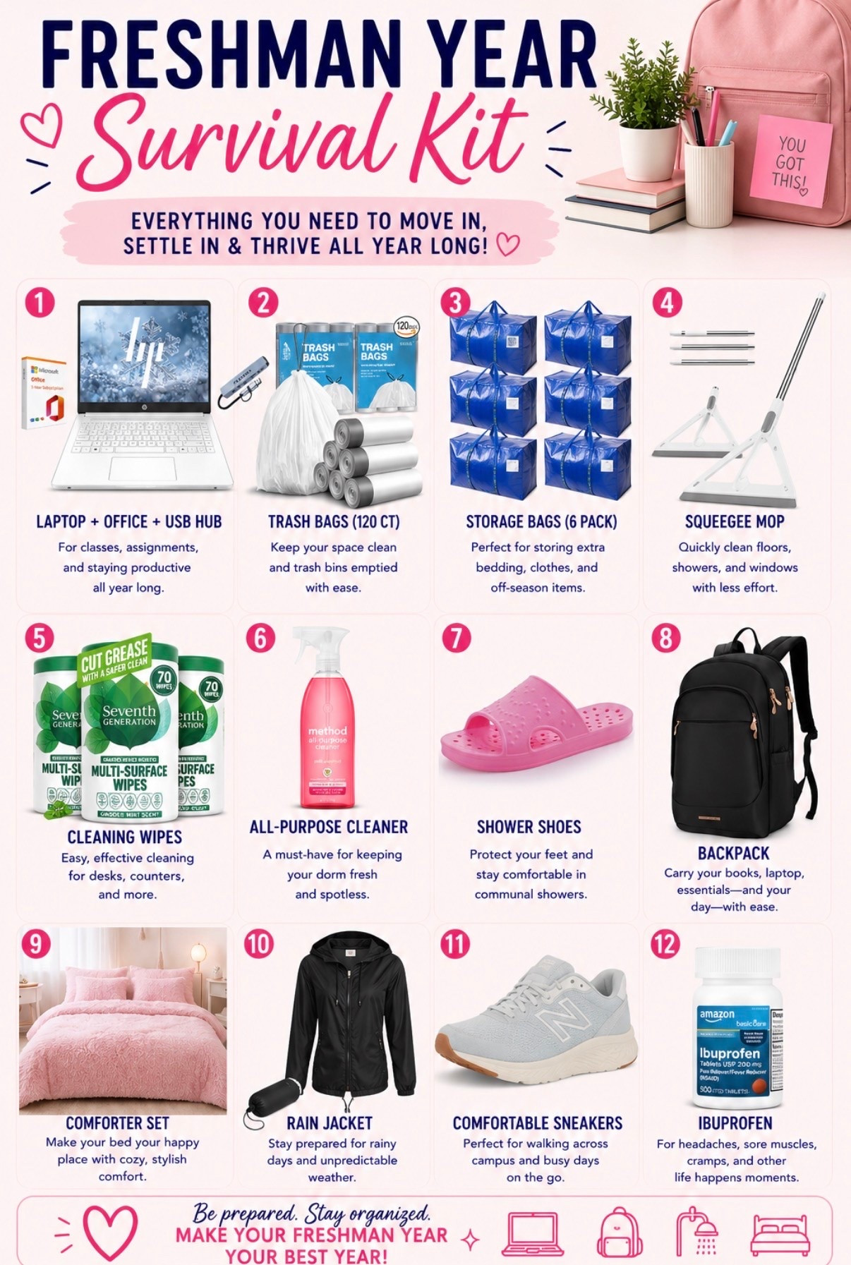 🎓 Freshman year is exciting… but being prepared makes all the difference. 💕

These are the essentials I’d pack before move-in day to make campus life easier—from a reliable laptop and comfy walking shoes to a cozy bed, shower slides, rain jacket, cleaning supplies, and those little things (like ibuprofen!) you never think about until you need them.

Save this checklist before you shop and grab everything in one place. Your future self will thank you! 💗✨

🛒 Follow for more college must-haves, dorm organization ideas, and Amazon finds that actually make freshman year easier.

#FreshmanYearSurvivalKit #CollegeMustHaves #DormEssentials #CollegeLife #AmazonFinds

#LTKU #LTKmomlife #LTKHome