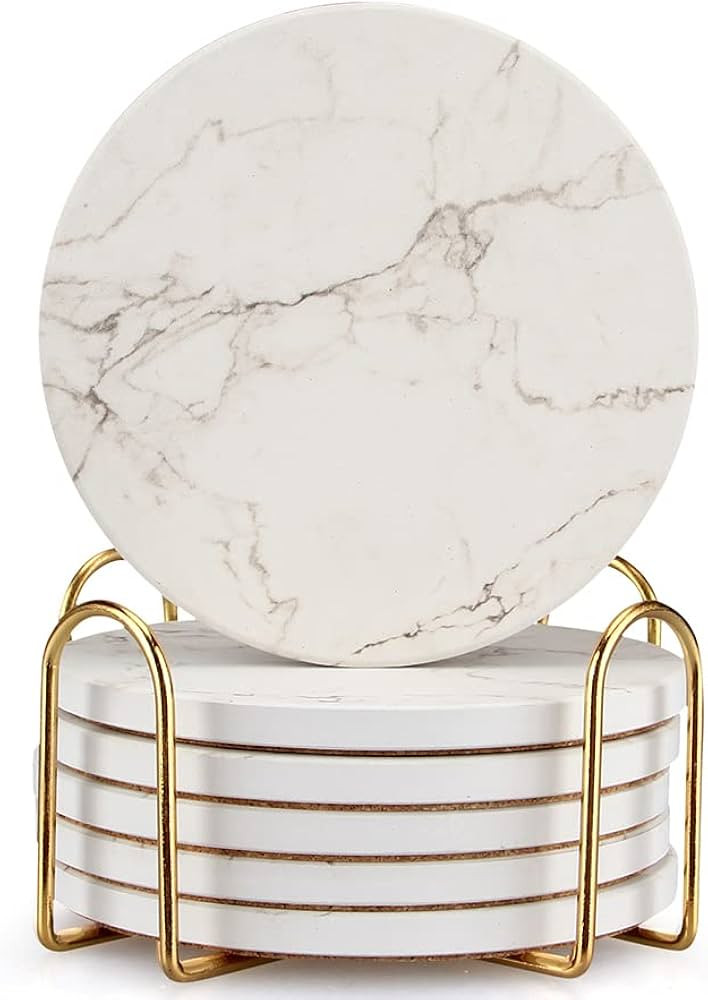 6 Pcs White Marble Coaster Set with Holder Best Absorbent Coasters Drink Coasters Ceramic Bar Coa... | Amazon (US)