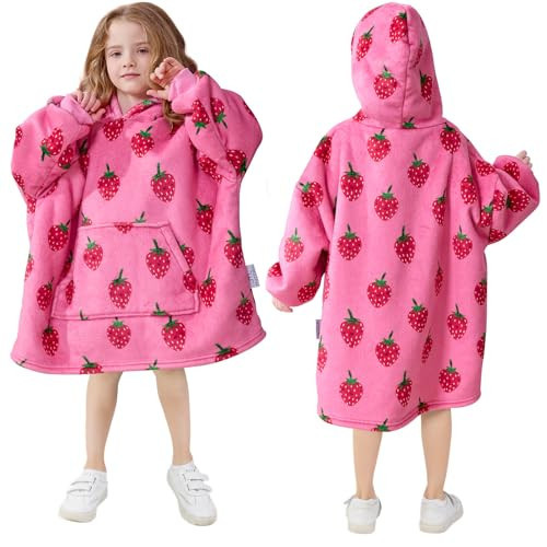 MIZZEO Kids Wearable Blanket Hoodie, Oversized Sherpa Wearable Blanket with Hood Pocket and Sleeves for Toddlers, Cute Hoodies 6-10 Year Old Girls Youth Birthday Gifts (Strawberry) | Amazon (US)