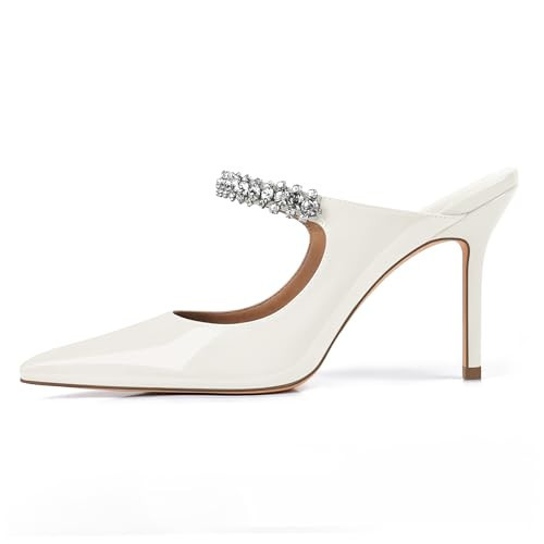 XINIUNIU Heeled Mule Heels for Women Rhinestone White Heels Pointy Toe Slip On 4inch Stiletto Closed Toe Sandals Dress Wedding Pump Shoes Size 7.5 | Amazon (US)
