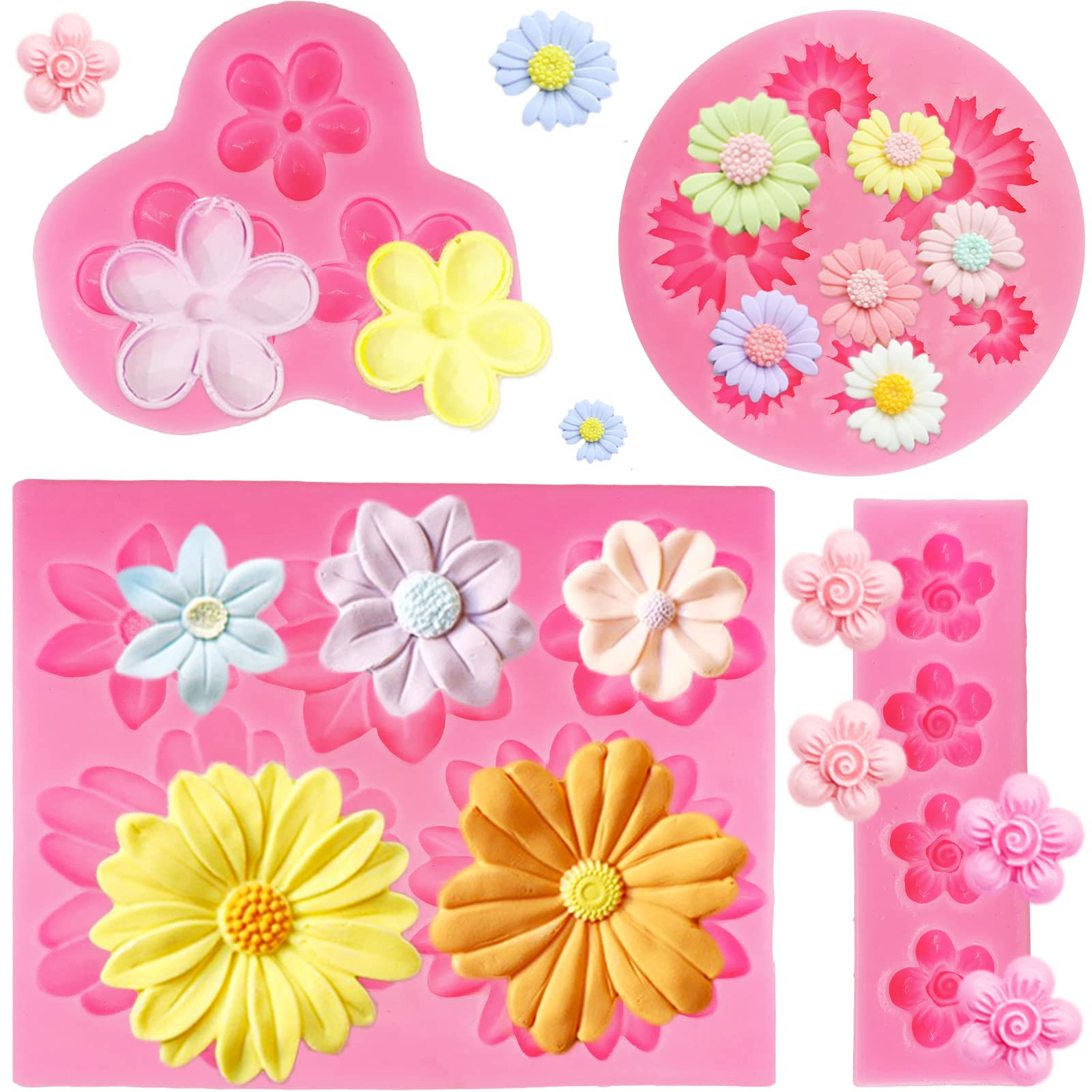 4Pcs Large Daisy Flower Silicone Molds Chrysanthemum Silicone Molds Small Flower Shapes Fondant Cake Chocolate Molds Polymer Clay Resin Mold for Cake Decoration Candy Ice Cube Wax Making DIY Craft | Amazon (US)