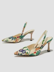 Women Random Tropical Pattern Point Toe Slingback Pumps, Vacation Outdoor Fabric Pumps | SHEIN