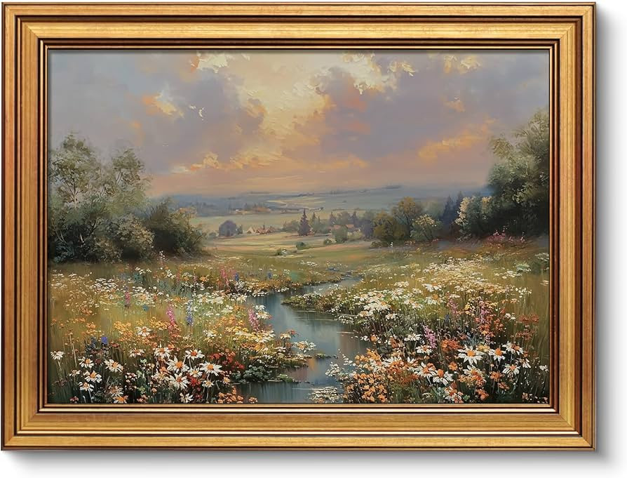 VIYYIEA Vintage Gold Framed Canvas Wall Art, Flower Field by the River Decor, Decorations Wildflo... | Amazon (US)
