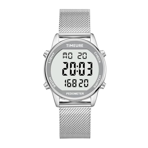 TIMEURE Women's Step Counter Watch with Stainless Steel Bracelet, Stylish Design, No App, No Charging Needed for Step, Calorie, Distance Tracking, Alarm, Countdown Timer，TU-2401 (SR), Silver | Amazon (US)