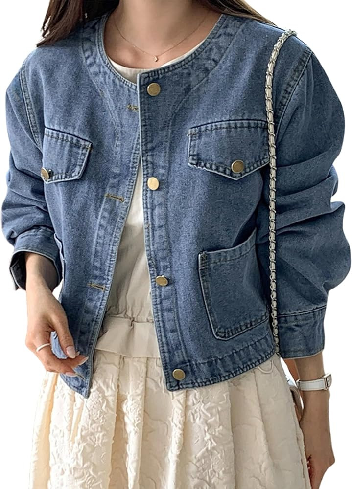 Omoone Women's Denim Jacket Long Sleeve Crop Button Down Collarless Jean Jacket Coat with Pockets | Amazon (US)