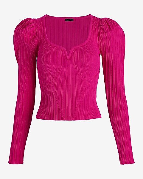 Ribbed Sweetheart Neckline Puff Sleeve Sweater | Express