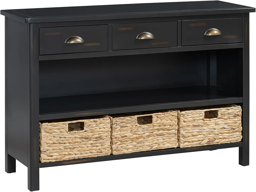 Vintage Console Table with Drawers, Hyacinth Woven Basket, Open Shelves Ideal for entrances, hallways, Living Rooms (Espresso) | Amazon (US)