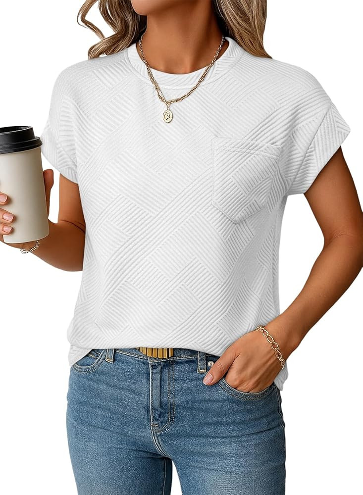 EVALESS Womens Summer Tops Crewneck Cap Sleeve Dressy Casual Business Textured Solid Loose Basic ... | Amazon (US)