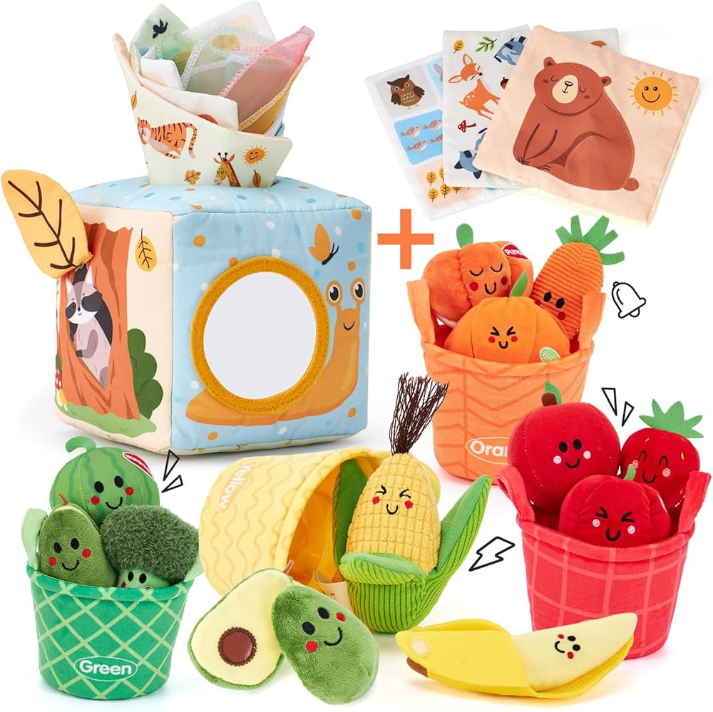 hahaland Baby Tissue Box Toy and Sensory Toys - 16 PCS My First Fruit Vegetable Color Sorting Pla... | Amazon (US)