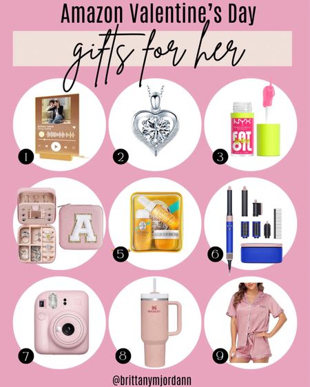 Amazon Valentine’s Day Gifts for Her.

Gift guide. Customized song artwork. Diamond necklace jewelry. Nyx fat oil lip gloss. Jewelry case holder. Sol de janeiro gift set. Dyson hair curler hair dryer. Instax camera. Stanley. Satin pj set. 

#LTKSeasonal #LTKGiftGuide #LTKfindsunder100