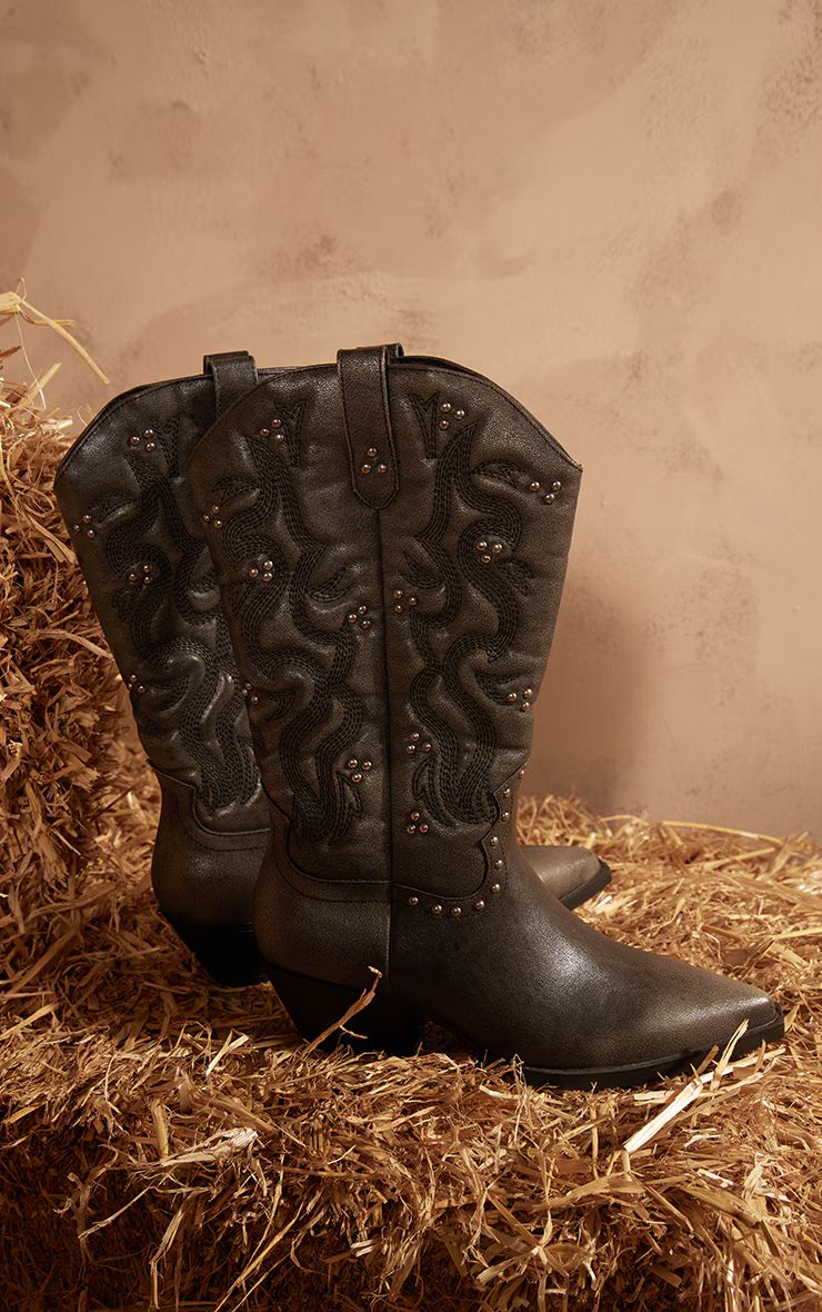 Black Grain PU Point Toe Stud Detail Knee Calf High Western Boots | PrettyLittleThing US