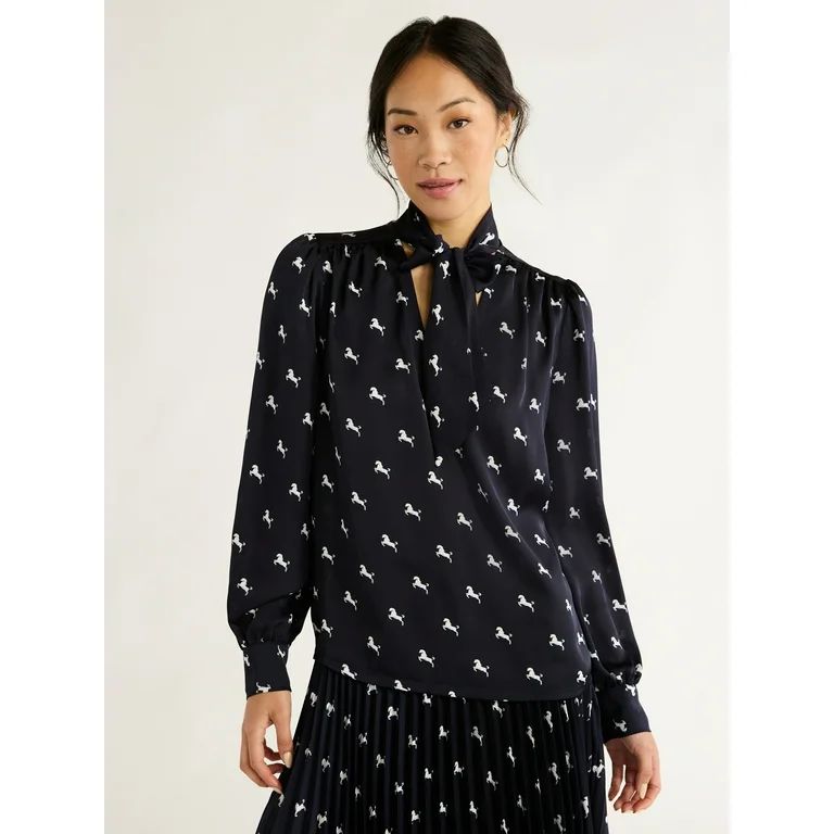 Free Assembly Women’s Bow Tie Blouse with Long Sleeves, Sizes XS-XXL | Walmart (US)