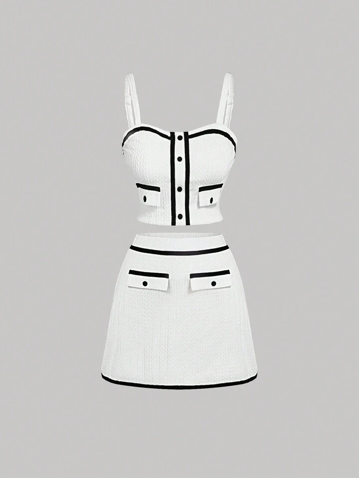 SHEIN MOD 2pcs/Set Plus Size Women Elegant Cropped Strap Top,White Color Contrast Trim Retro Roma... | SHEIN