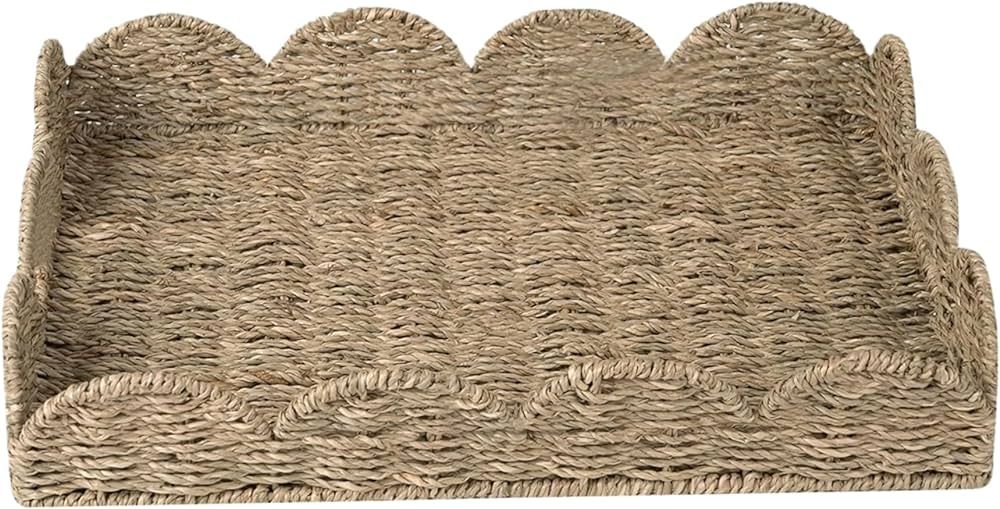 Coffee Tray, Rattan Tray 19.7x14.6x3.9 Inch Grass Woven Serving Tray with Scalloped Edge and Buil... | Amazon (US)