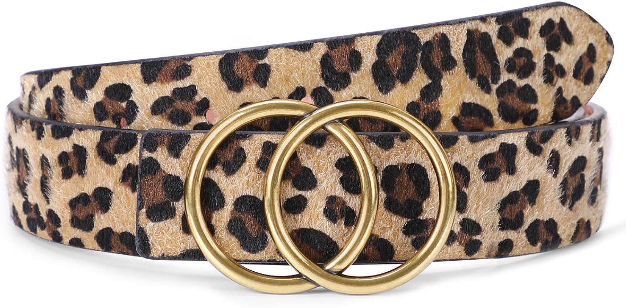 Women's Leopard Print Leather Belt for Jeans Dresses Fashion Waist Belt with Gold Double Ring Buc... | Amazon (US)