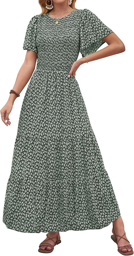 ZESICA Women's Summer Casual Floral Print Short Flutter Sleeve Crew Neck Smocked High Waist Flowy Ma | Amazon (US)